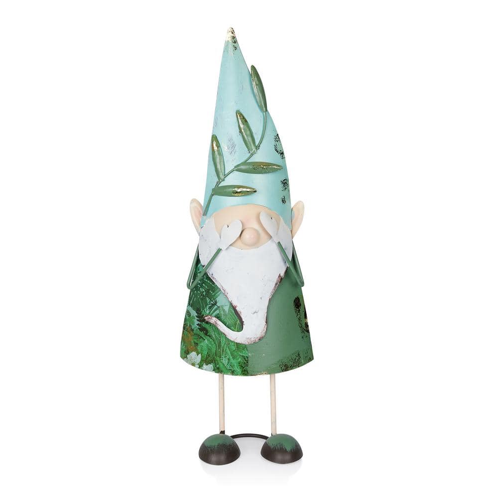 Whimsical Green Iron Hide-and-Seek Garden Gnome, 19"