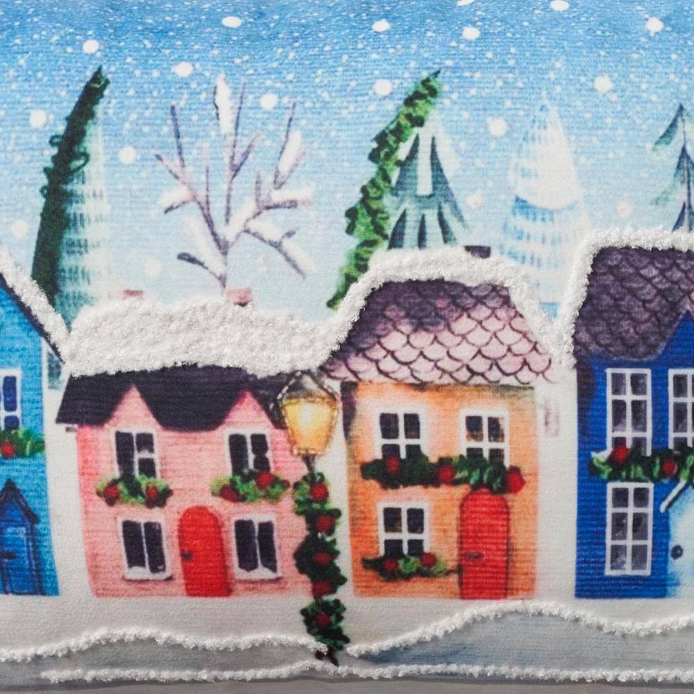 14"x20" Multicolor Holiday Village Embroidered Lumbar Pillow