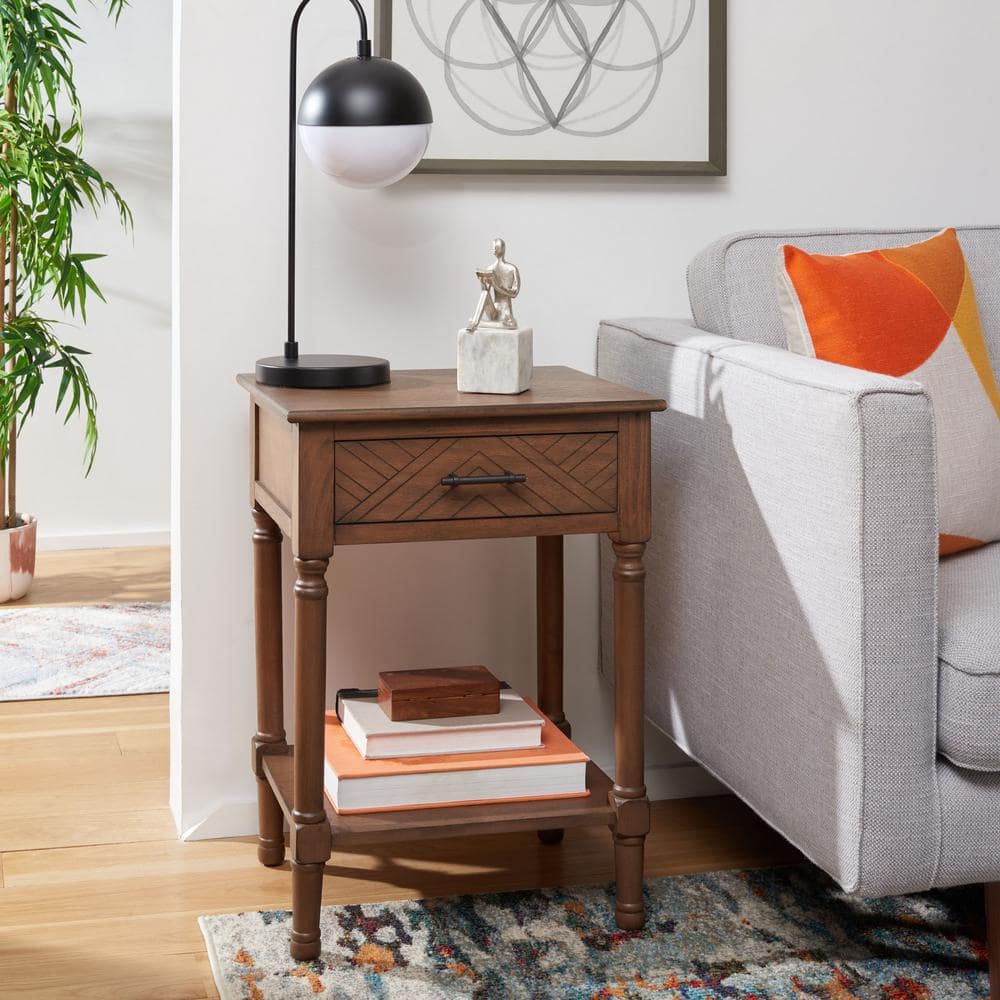 Peyton French Brown Wood Storage End Table with Herringbone Drawer