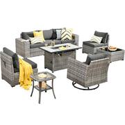 Tahoe Grey 9-Piece Wicker Outdoor Patio Rectangle Fire Pit Conversation Sofa Set with a Swivel Chair and Black Cushions