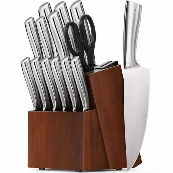 15-Piece High Carbon Stainless Steel Kitchen Knife Set with Block, Sharpener and Anti-Slip Handles