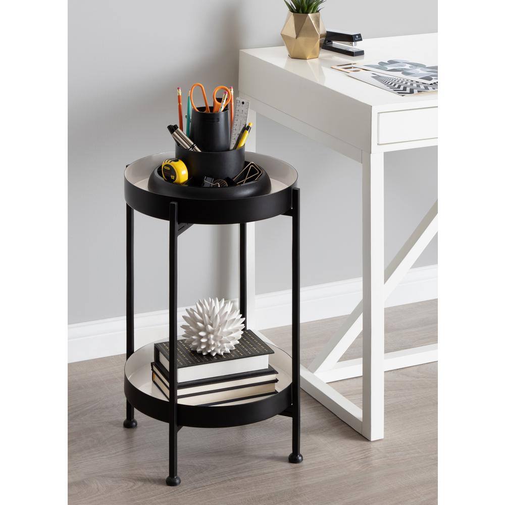 Modern Two-Tiered Round Black and White Metal Side Table