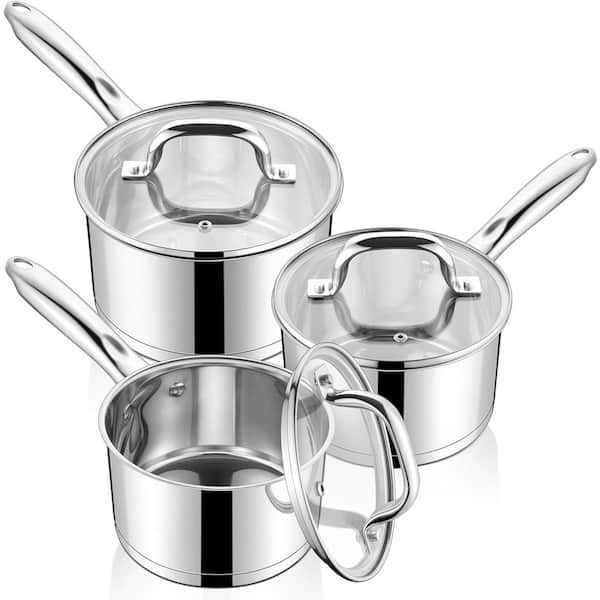 3-Piece Stainless Steel Saucepan Set Silver Induction Safe Glass Lid Riveted Handle Oven Dishwasher Compatible