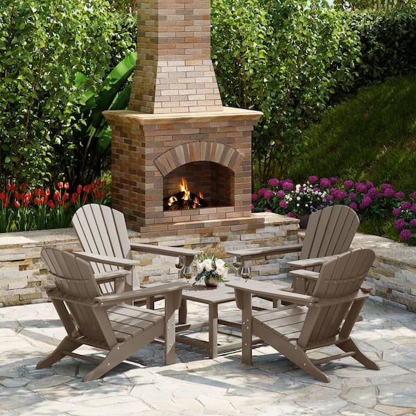 Altura Fade Resistant HDPE Plastic Weathered 5PC Adirondack Chair Outdoor Patio Conversation Set, Square Coffee Table