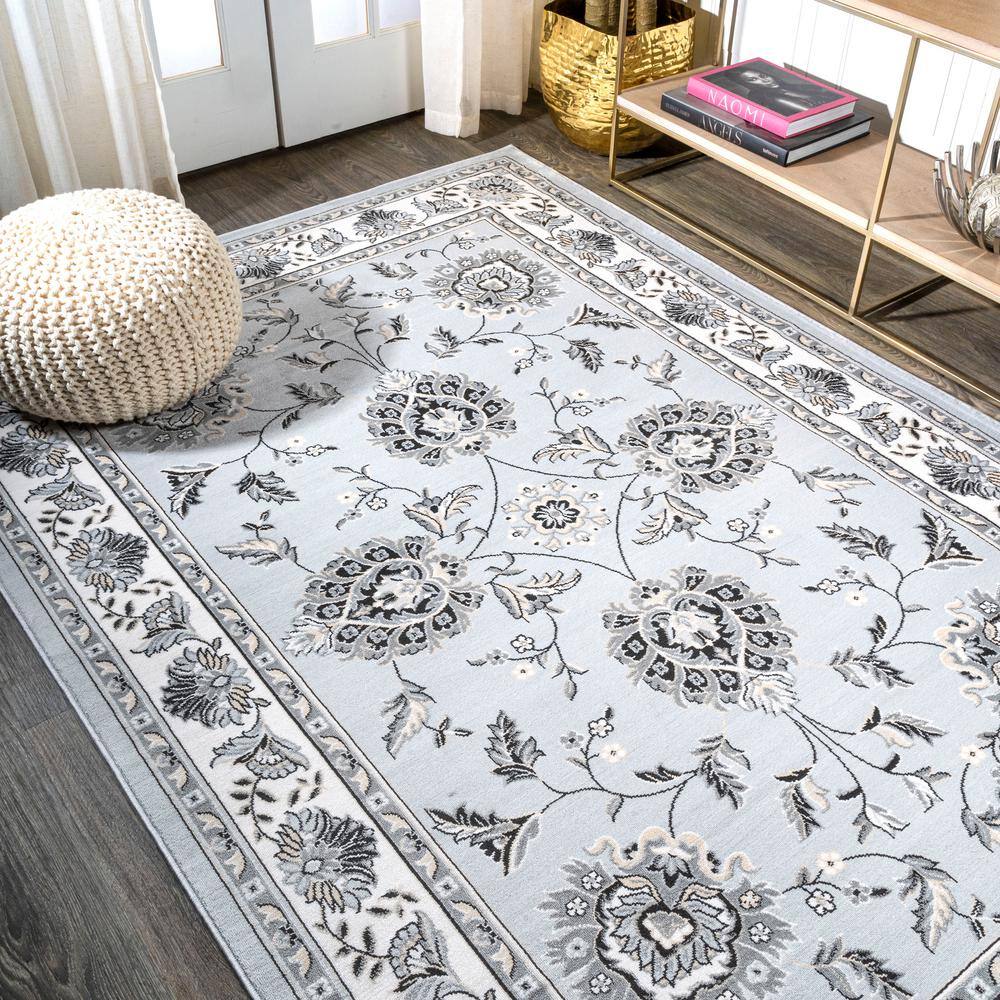 Elegant Light Gray & Cream Persian-Inspired 5' x 8' Synthetic Area Rug