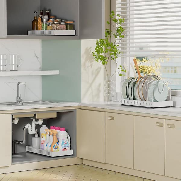 White Slide-out Drawer Pot and Pan Organizer Pull-Out Kitchen Cabinet Storage Rack with Adjustable Dividers 2 Pack