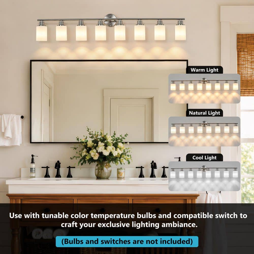 52 in. 8-Light Brushed Nickel Bathroom Vanity Light with Frosted White Cylinder Glass Shades price history on PriceWatchPro