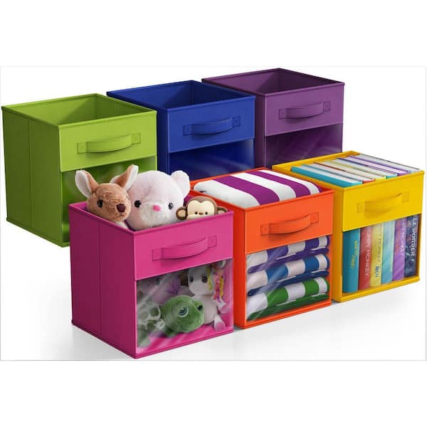 Foldable Storage Bins with Window and Handles, Multicolored 11 in. x 10.5 in. Fabric Decorative Basket (Set of 6)