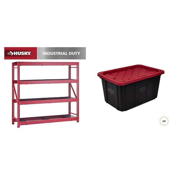 77 in. W x 72 in. H x 24 in. D Red 4-Shelf Metal Shelving Unit, 27 Gal. Black and Red Storage Tote (4-Count) Combo