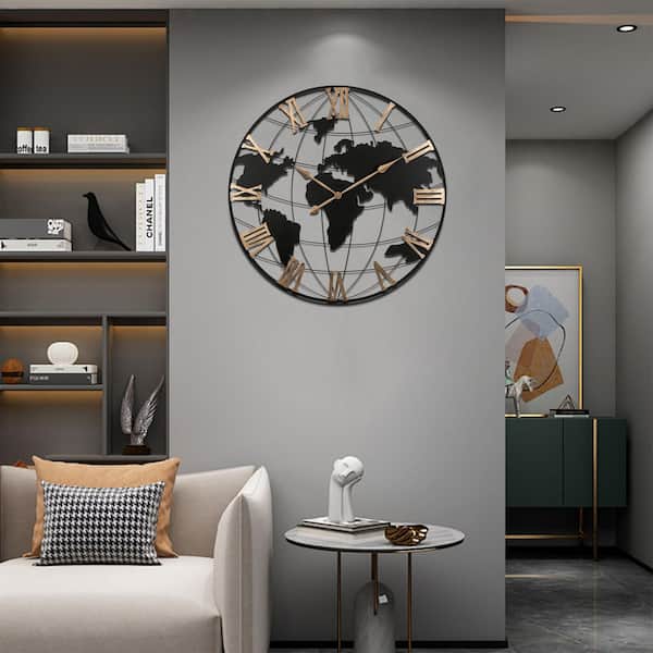 Seafuloy 36 in. L Silent Wall Clock Black Metal Frame with Gold Roman Numerals and World Map Design