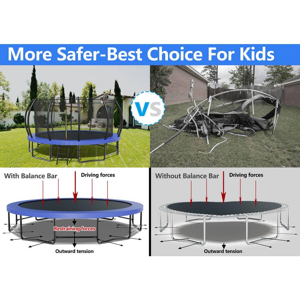 15FT Round Black and Blue Trampoline with Enclosure Net and Ladder