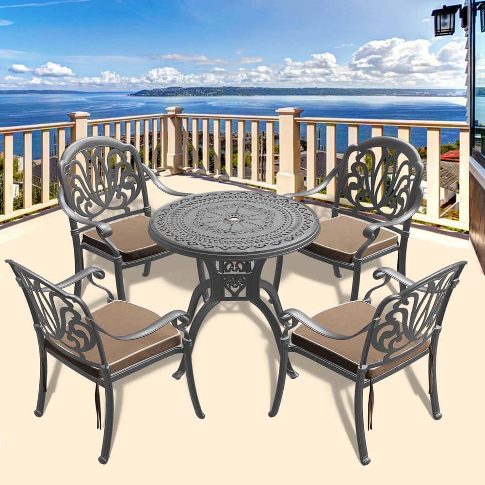 5-Piece Cast Aluminum Outdoor Dining Set with Random Colors Cushions
