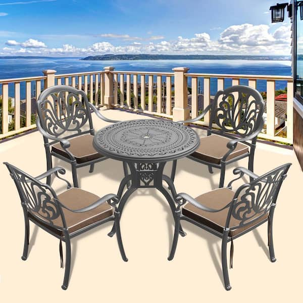 Unbranded 5-Piece Cast Aluminum Outdoor Dining Set with Random Colors Cushions