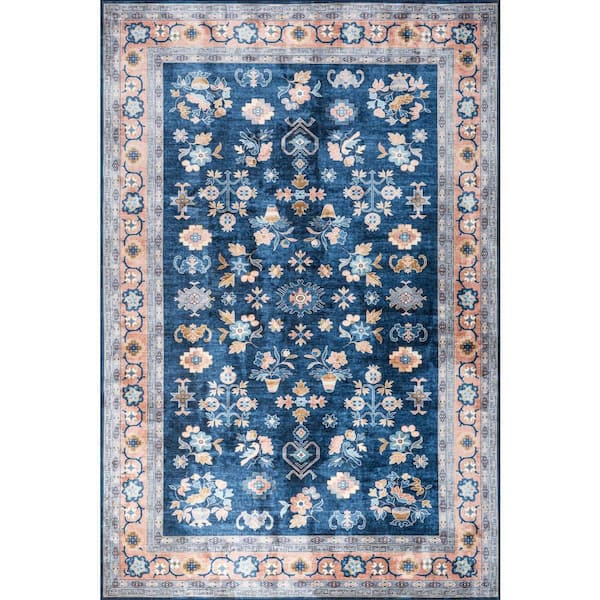 Dayflower Vintage Spill Proof Washable Blue 8 ft. x 10 ft. Indoor Area Rug
