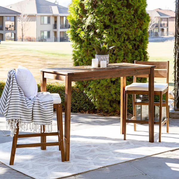 Walker Edison Furniture Company Acacia Dark Brown 3-Piece Wood Rectangle Counter Height Outdoor Dining Set with White Cushions