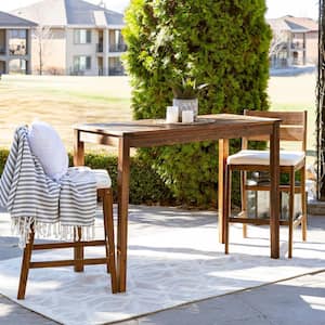 Acacia Dark Brown 3-Piece Wood Rectangle Counter Height Outdoor Dining Set with White Cushions