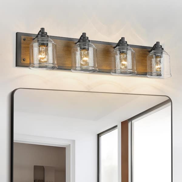 Modern 31.5 in. 4-Light Black and Dark Wood Grain Vanity-Light with Clear Seeded Glass Shades