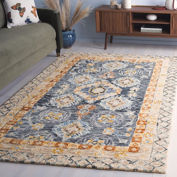 Aspen 6 ft. x 9 ft. Blue/Beige Oriental Border Area Rug