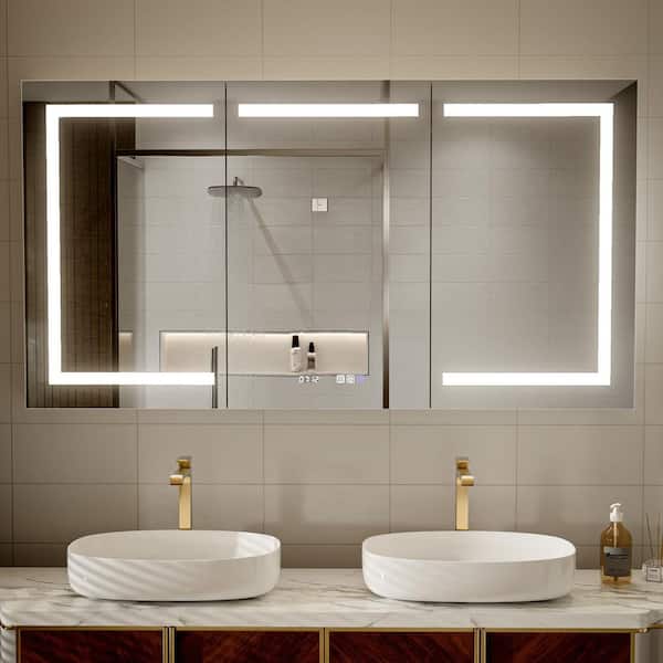 60 in. W x 32 in. H Large Rectangular Silver Recessed/Surface LED Medicine Cabinet with Mirror, 3 Doors