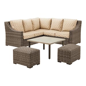 Rock Cliff 6-Piece Brown Wicker Outdoor Patio Sectional Sofa Set with Ottoman & CushionGuard Toffee Trellis Tan Cushions
