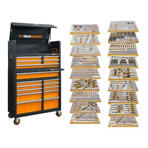 41 in. 16-Drawer Orange Tool Rolling Chest and Cabinet Combo with Master Mechanics Tool Set in 18 Foam Trays (871-Piece)