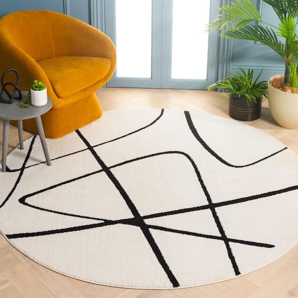Melody 5 ft. x 5 ft. Ivory/Black Abstract Linear Round Area Rug