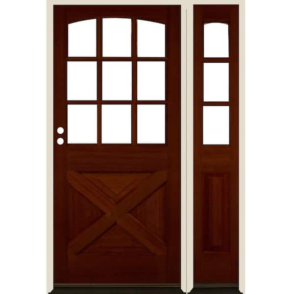 Krosswood Doors 50 in. x 80 in. Farmhouse X Panel RH 1/2 Lite Clear Glass Red Chestnut Stain Douglas Fir Prehung Front Door with RSL