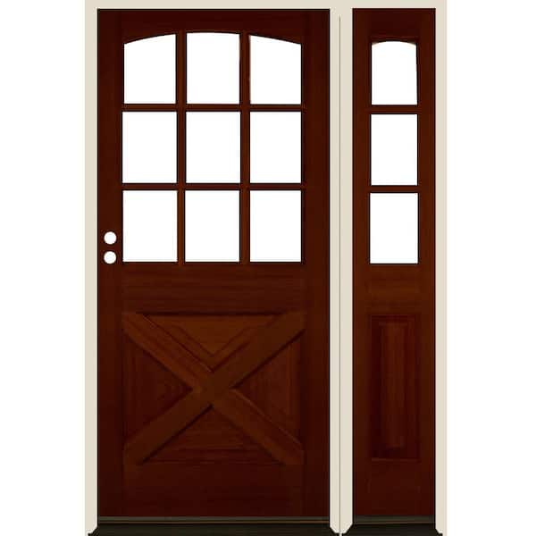 Krosswood Doors 50 in. x 80 in. Farmhouse X Panel RH 1/2 Lite Clear Glass Red Chestnut Stain Hemlock Wood Prehung Front Door with RSL