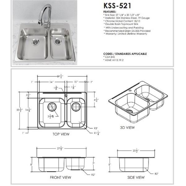 Filament Design Cantrio Deck Mounted Drop In Stainless Steel 27 25 In 1 Hole Double Bowl Kitchen Sink Kss 521 The Home Depot