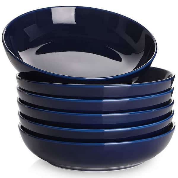 6-Pack 30 fl. oz. Blue Porcelain Salad Bowls, Pasta Bowls, Wide and Shallow Bowls, Microwave & Dishwasher Safe