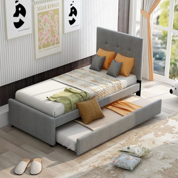 Harper & Bright Designs Linen Upholstered Gray Twin Size Platform Bed With Headboard and Trundle