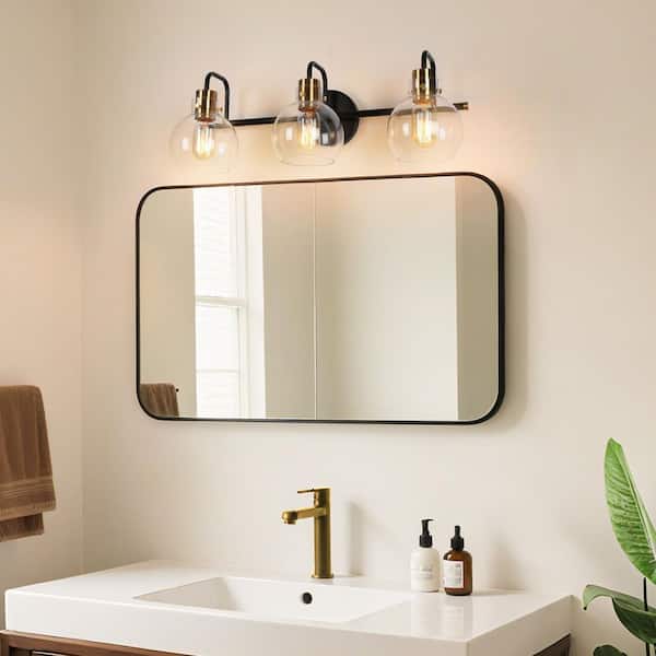 Modern 23 in. 3-Light Black Vanity Light, DIY Polished Brass Bath Light, Classic Globe Clear Glass Bathroom Wall Sconce