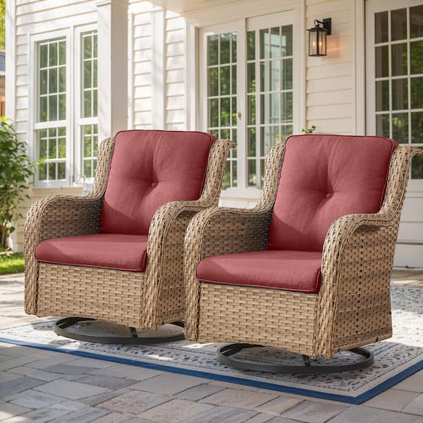 Swivel Glider Yellow Wicker Outdoor Lounge Chair with Red Cushions (2-Pack)