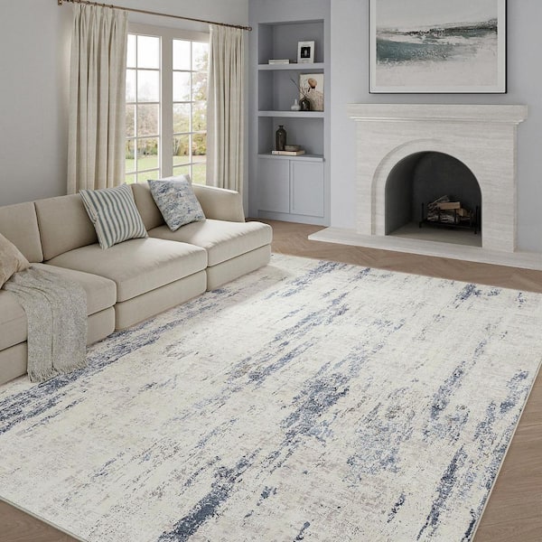 Plum Rain Blue/Beige 9 ft. x 12 ft. Washable Modern Abstract Area Rug