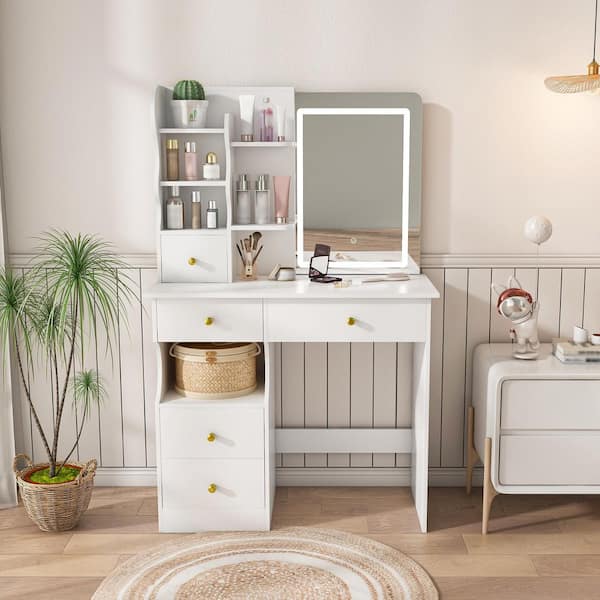 CSC DECOR INC White Makeup Vanity Table, 5-drawer Dressing Table with LED Light, Movable Hidden Mirror, 3-Color Mode Touch Screen