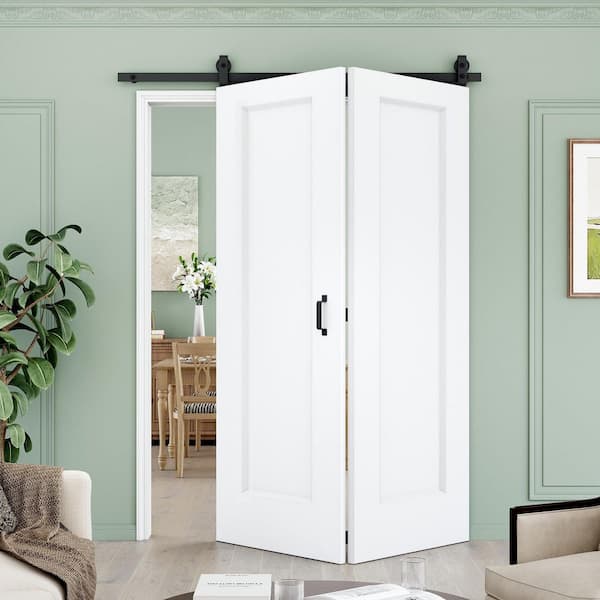 60 in. x 80 in. 1 Panel White Primed Hollow Core MDF Composite Bi-Fold Sliding Barn Door with Hardware Kit