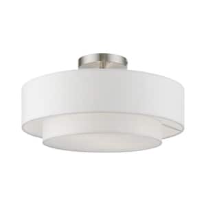 Meridian 15 in. 2-Light Brushed Nickel Semi-Flush Mount with Off-White Fabric Shade