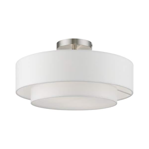 Livex Lighting Meridian 15 in. 2-Light Brushed Nickel Semi-Flush Mount with Off-White Fabric Shade