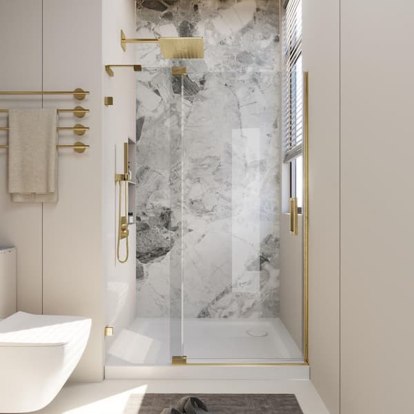 44-48 in. W x 70 in. H Frameless Pivot Shower Door in Brushed Gold with 5/16 in. Clear Glass