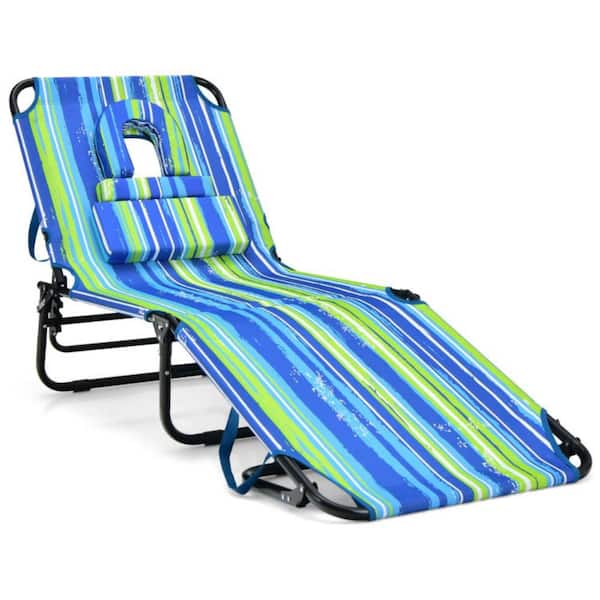 Clihome Metal Foldable Tanning Lounge Beach Chair in Blue and Green with Face Hole and 5-Position Adjustable Backrest