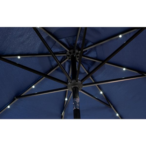 9 ft. Round Bluetooth Speaker Solar Lighted Market Umbrella in Navy