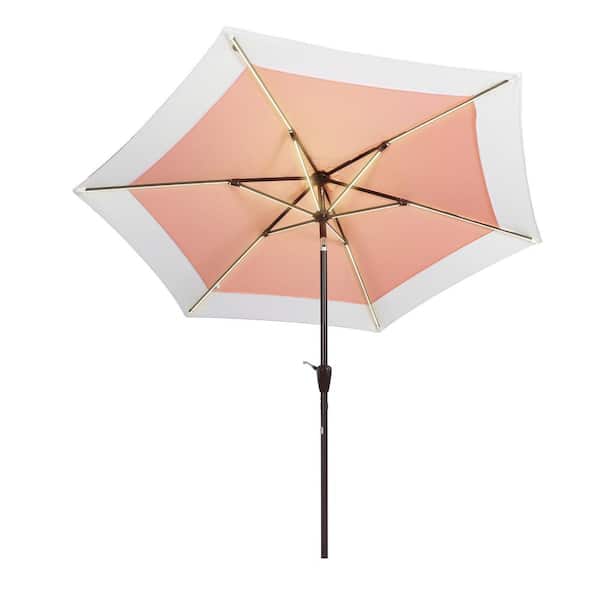 JONATHAN Y Spencer 9 ft. 2-Tone Solar LED Market Patio Umbrella with 12 LED Strip Lights, Auto-Tilt, and Crank in Coral Pink/White