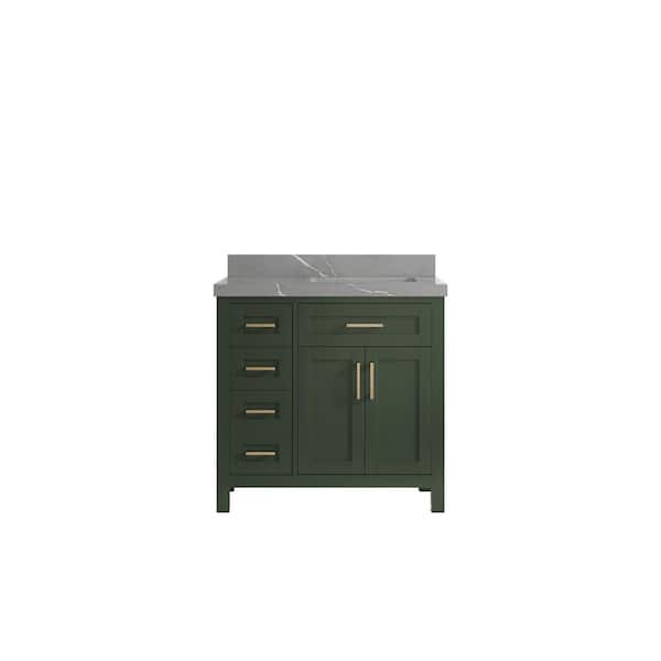 Willow Collections Cambridge 36 in. W x 22 in. D x 36 in. H Right Offset Sink Bath Vanity in Pewter Green with 2 in. Piatra Quartz Top