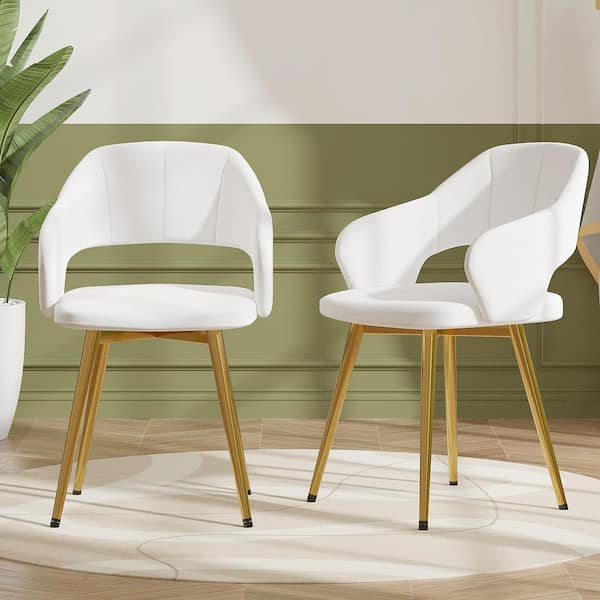 VECELO Elegant White Velvet Dining Chairs with Gold Metal Legs - Modern Upholstered Dining Room Chairs, (Set of 2)