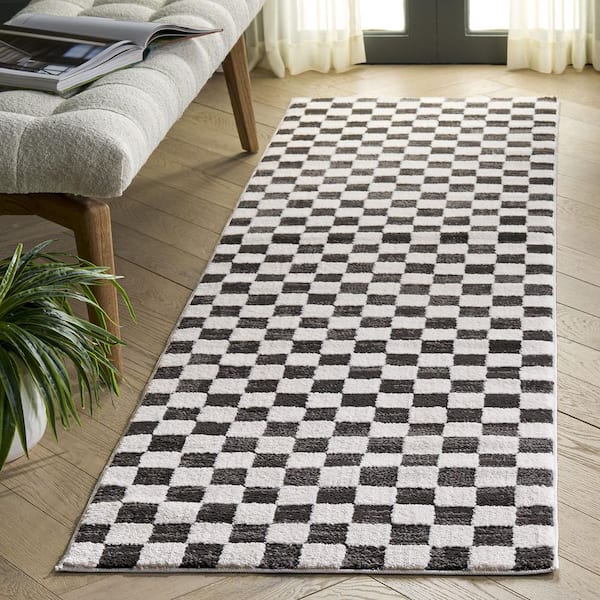 Lunara 2 ft. x 8 ft. Black/Ivory Check Runner Rug