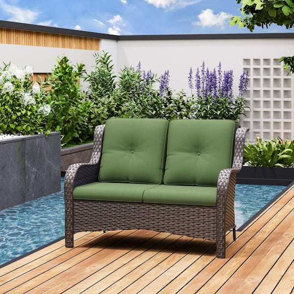 Brown Wicker Outdoor Couch Patio Loveseat Deep Seating with Green Cushions