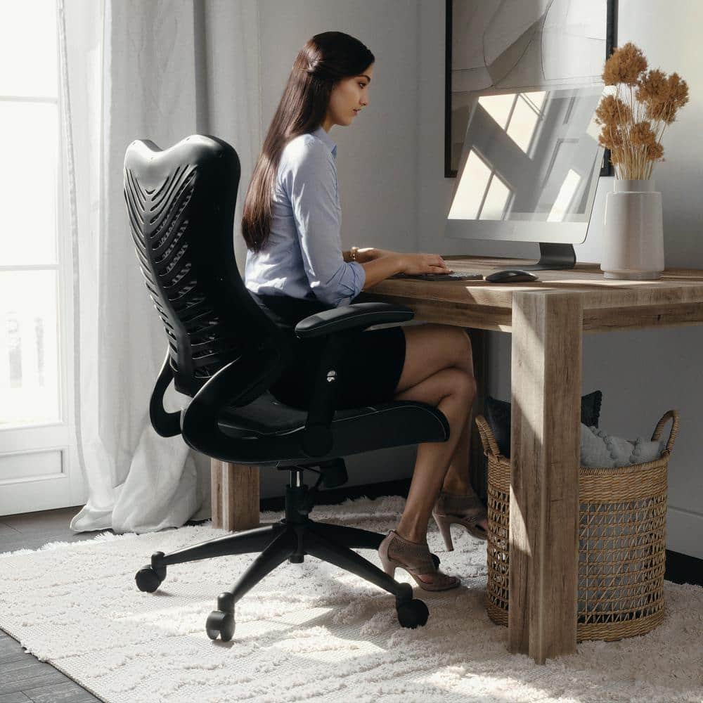 Contemporary High-Back Black Mesh & Leather Executive Office Chair with Adjustable Arms