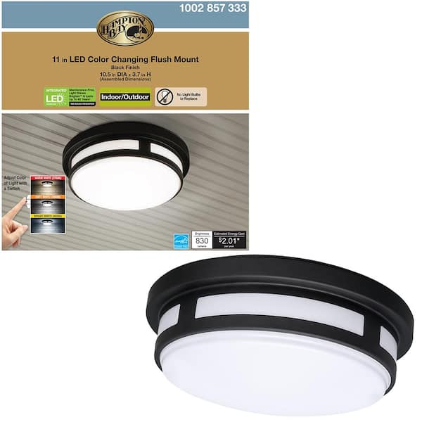 Hampton Bay 11 In 1 Light Round Black Led Indoor Outdoor Flush Mount Ceiling Porch 830 Lumens 3 Color Temp Changes Wet Rated 54471291 The Home Depot - Led Round Outdoor Ceiling Light