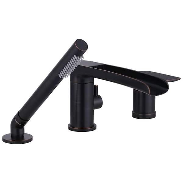 Waterfall Single-Handle Floor-Mount Roman Tub Faucet with Hand Shower, 3-Hole Bathtub Faucet in. Oil Rubbed Bronze