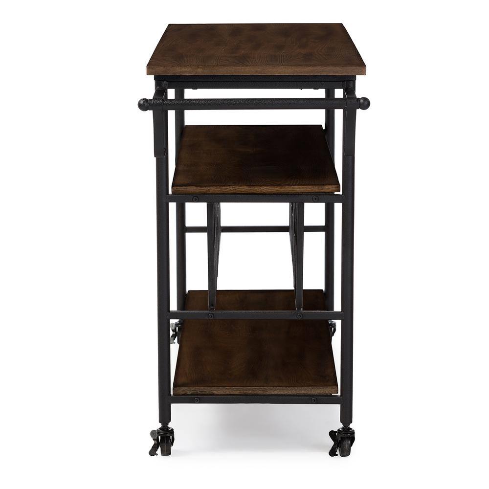 Antique Black & Weathered Oak Mobile Bar Cart with Wine Rack and Storage